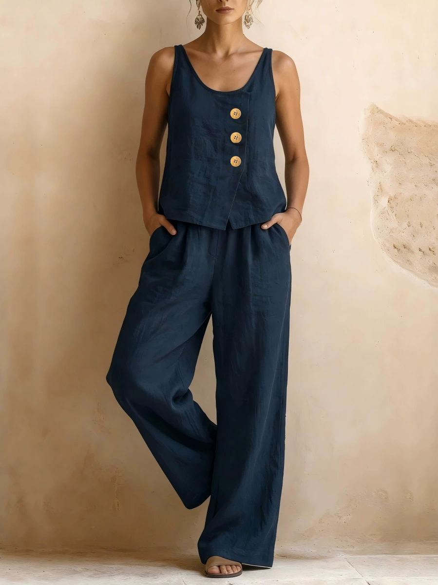 Women's Sleeveless Vest & Wide-Leg Pants Cotton-Linen Two-Piece Set