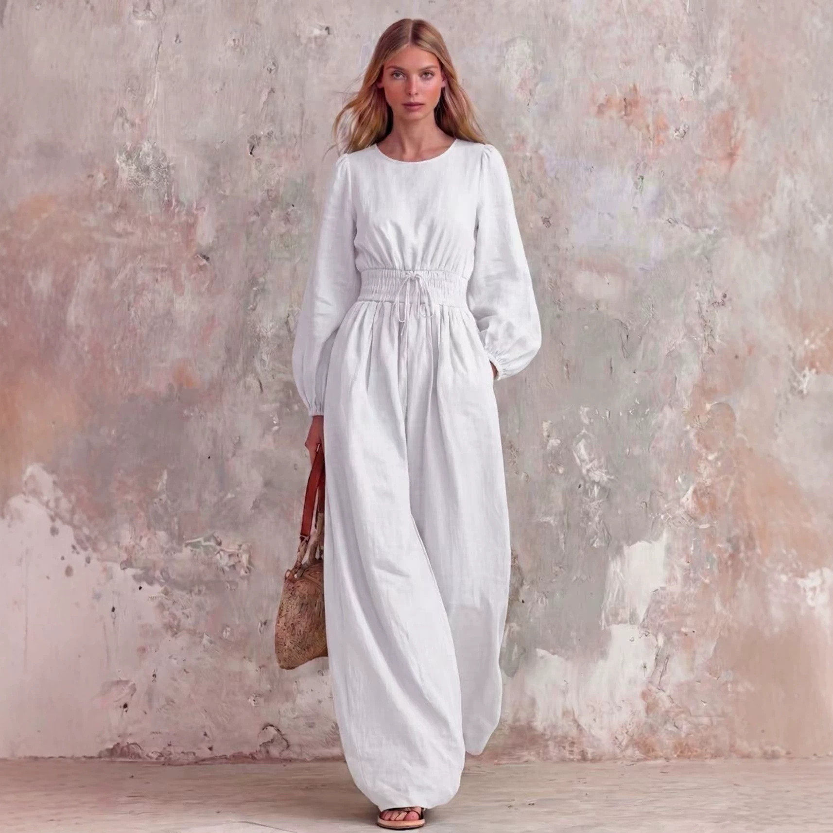 Women's Casual Vintage Solid Color Waist-Defining Smocked Jumpsuit