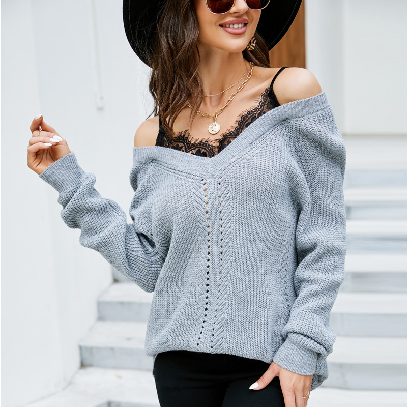 Women's Lace-Trim V-Neck Pullover Sweater Loose Fit