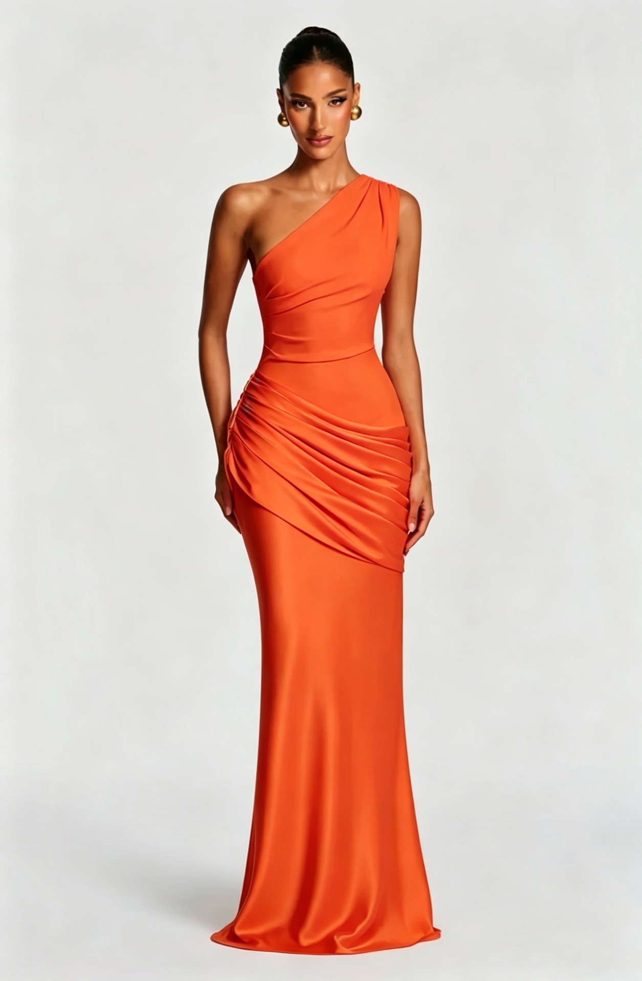 One-Shoulder Ruched Satin Bodycon Maxi Dress