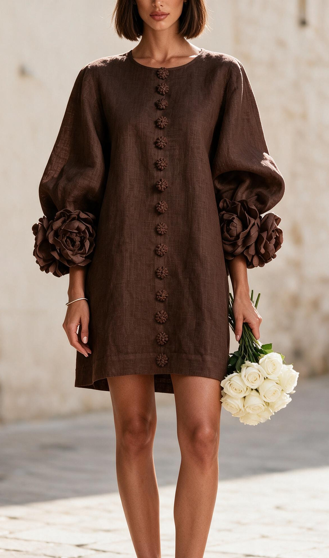 French 3D Floral Lantern Sleeve Dress