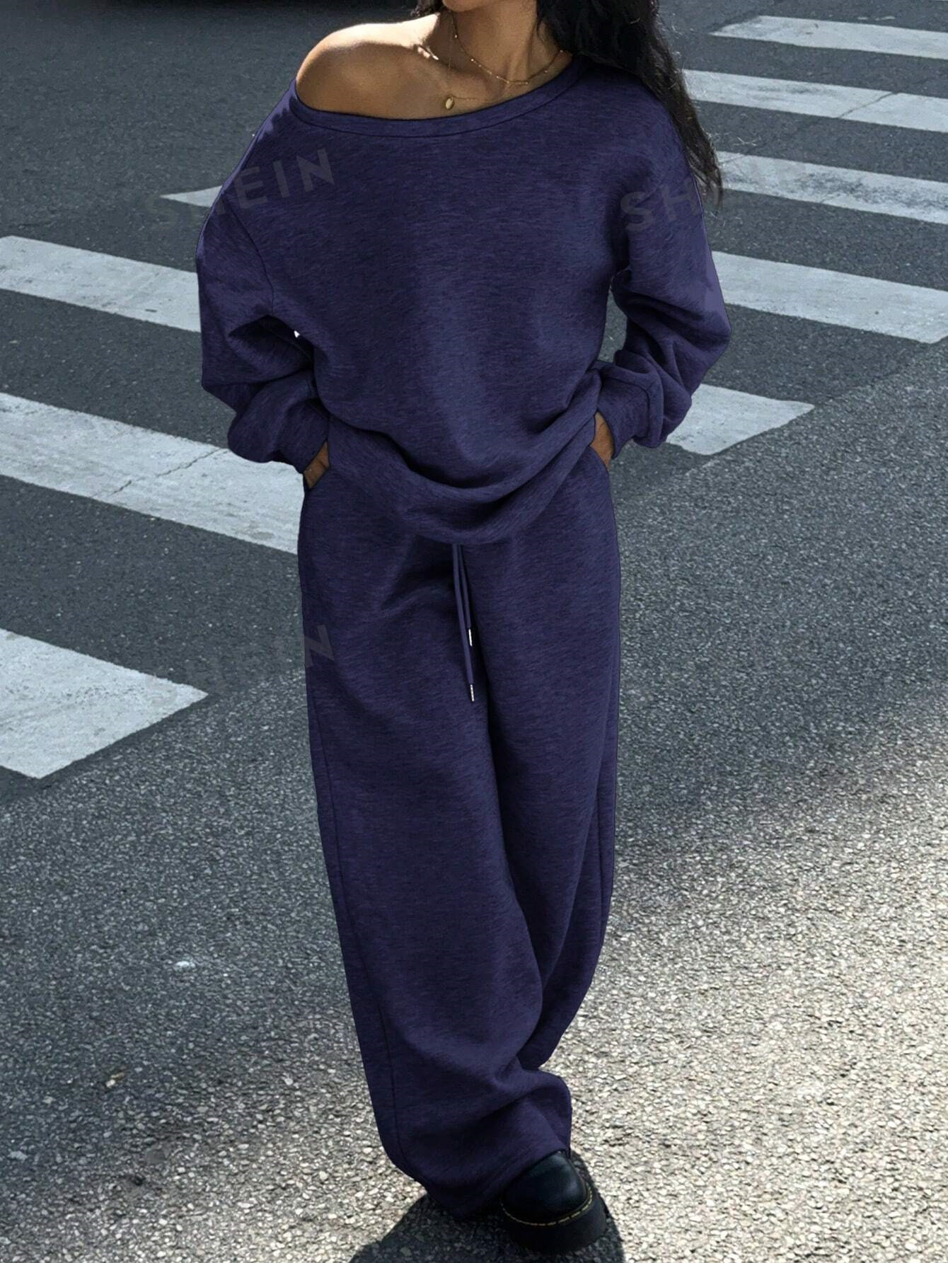 Women's Casual Crewneck Sweatshirt and Pants Set Solid Color Loose Fit