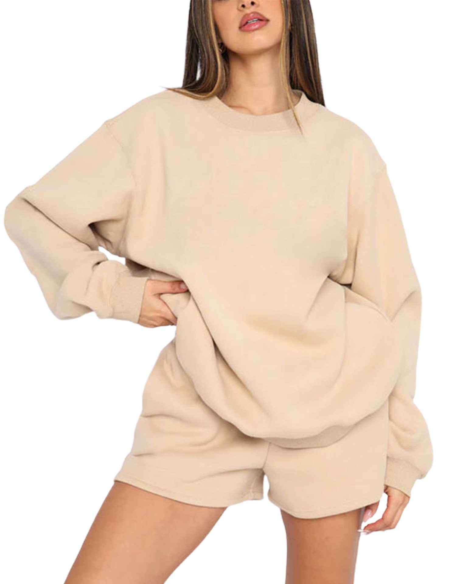 Women's Solid Crewneck Long-Sleeve Pullover Sweatshirt and Shorts Set