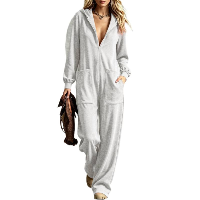 Hooded Full-Zip Loose Straight-Leg Lounge Jumpsuit with Pockets