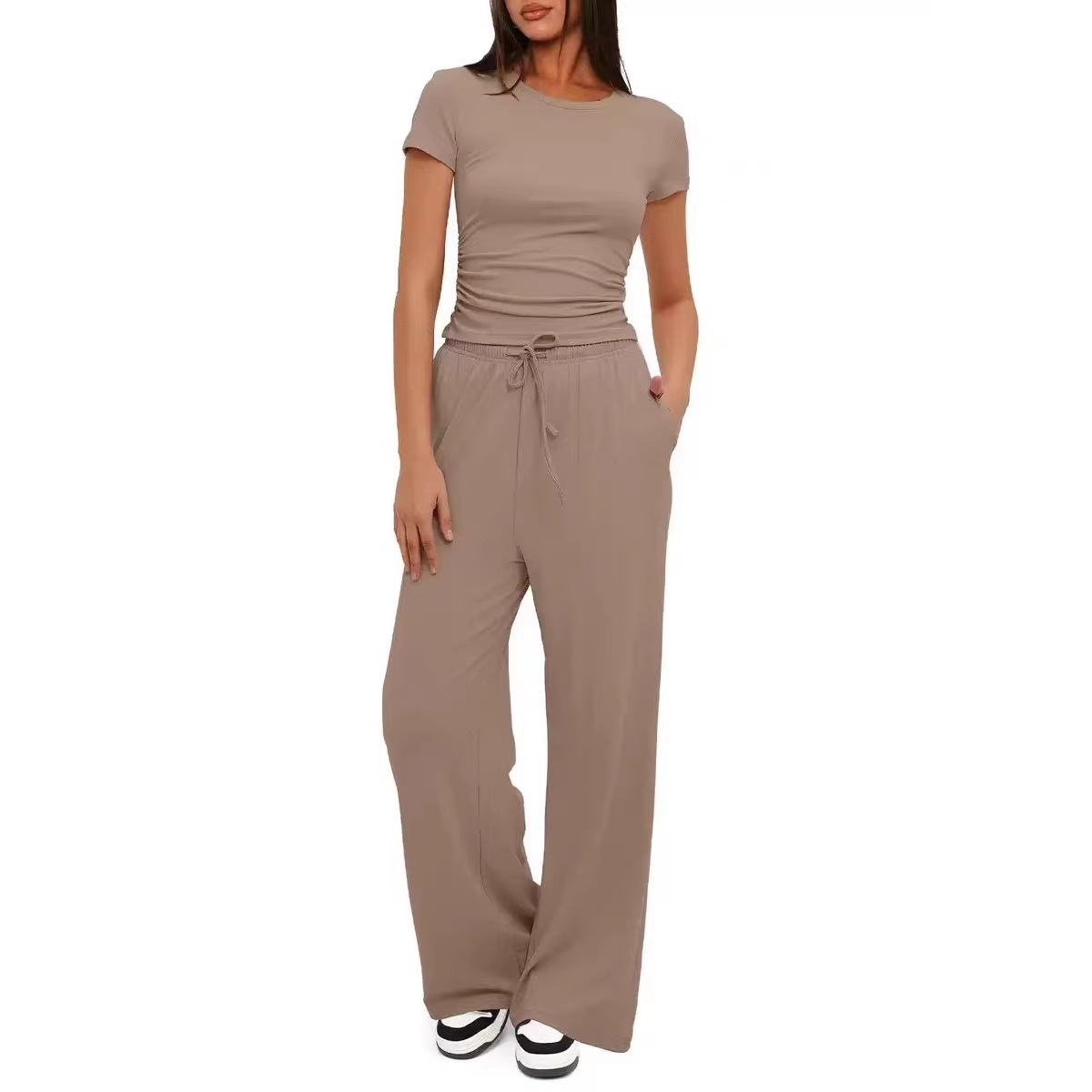 Women's Two-Piece Casual Set Ruched Short Sleeve Top Wide-Leg Pants