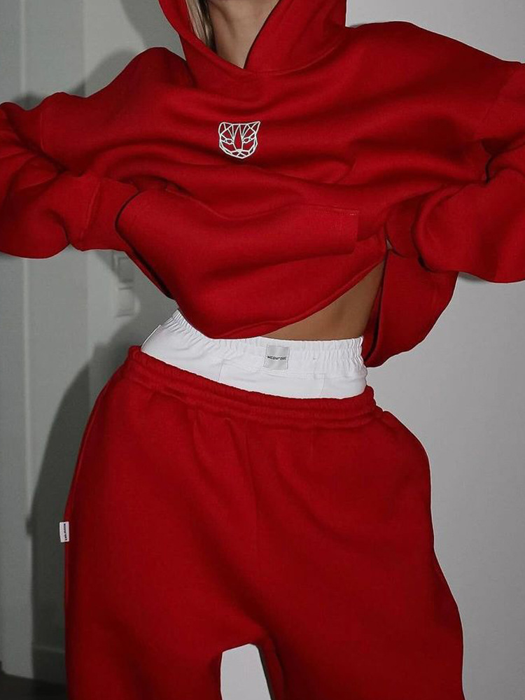 Women's Graphic Print Hoodie and Pants Set Loose Fleece-Lined Streetwear