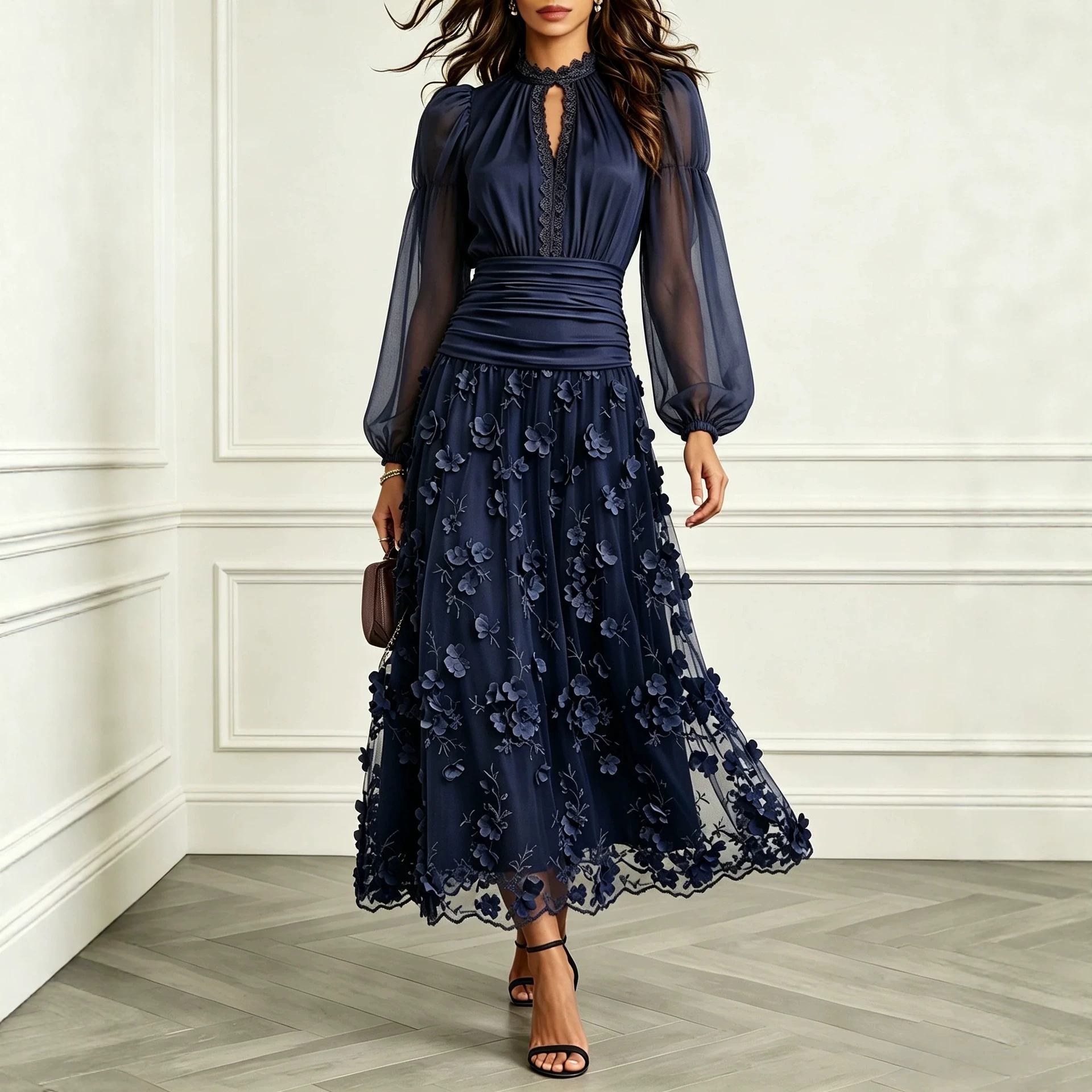 Navy Tulle 3D Floral Long Dress with High Neck Puff Sleeves and Waist-Cinching