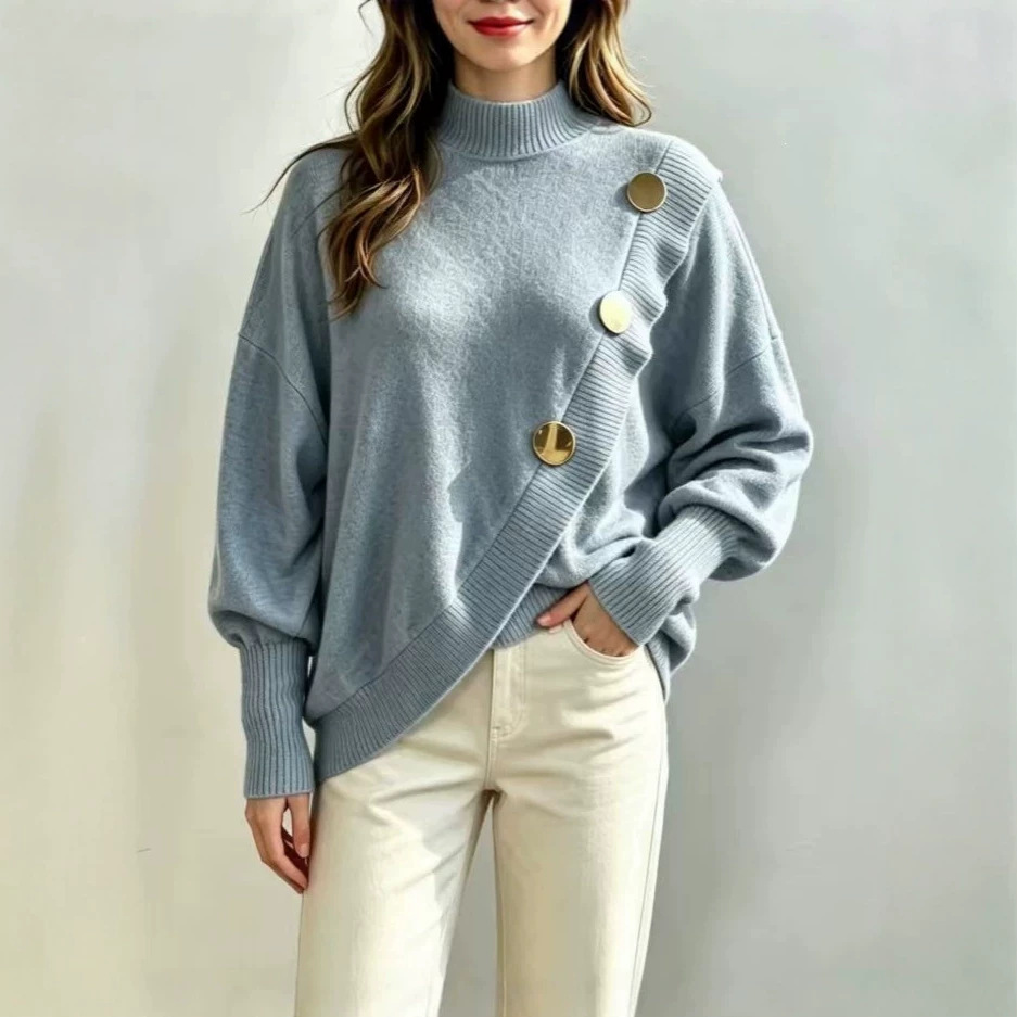 Elegant Button-Trim Crewneck Top for Women