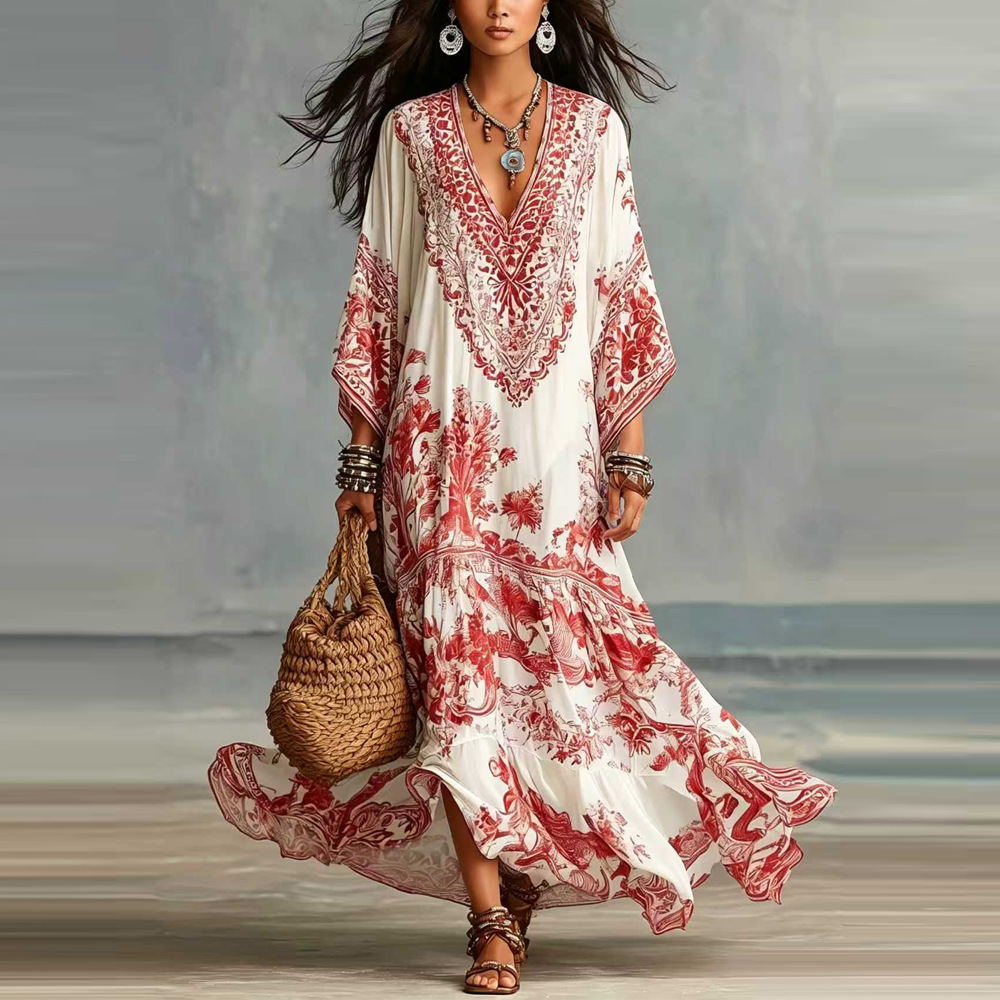 Bohemian Floral Print Loose Fit Long Sleeve Shirt Dress