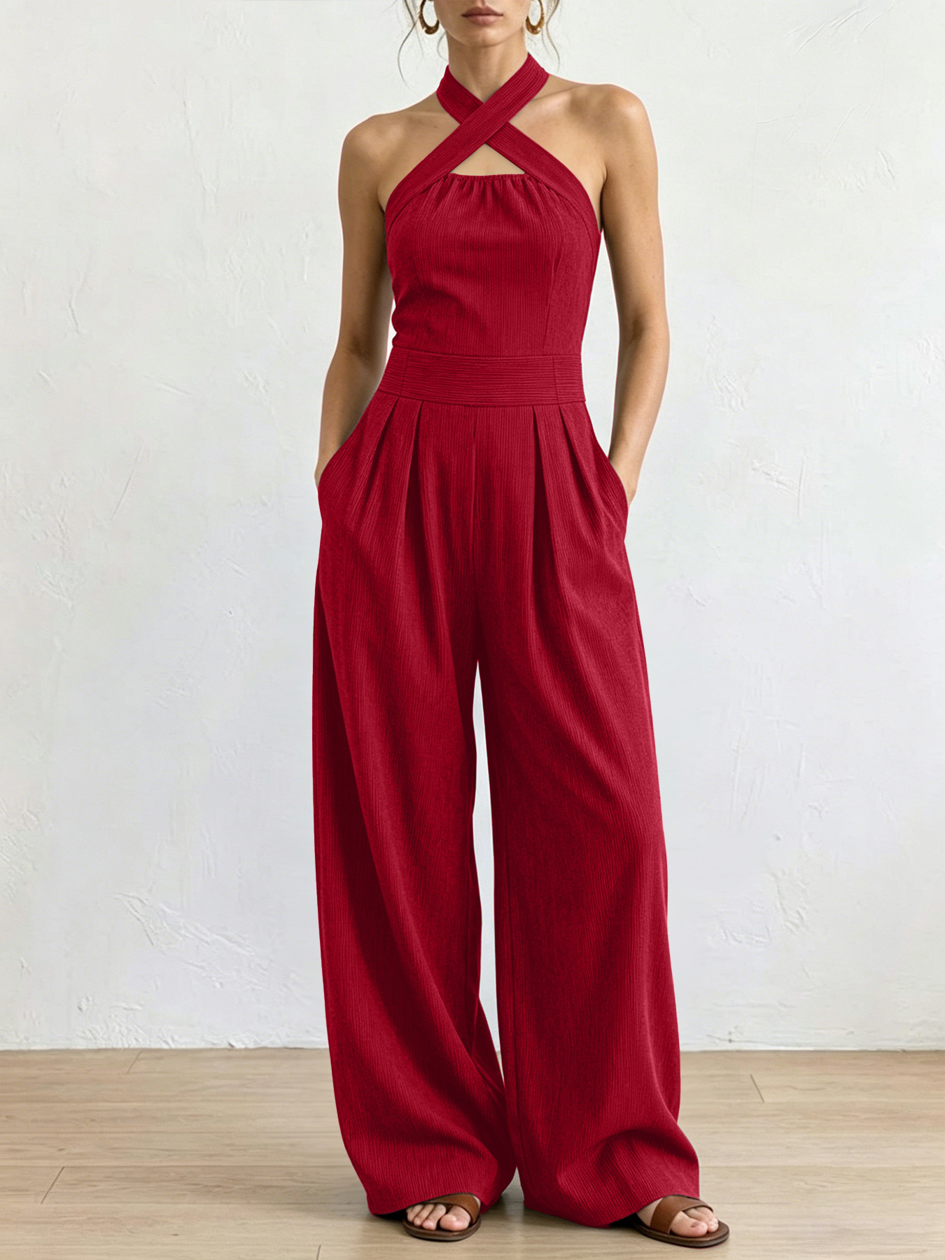 Sleeveless Halter Wide-Leg Jumpsuit with Drapey Relaxed Fit