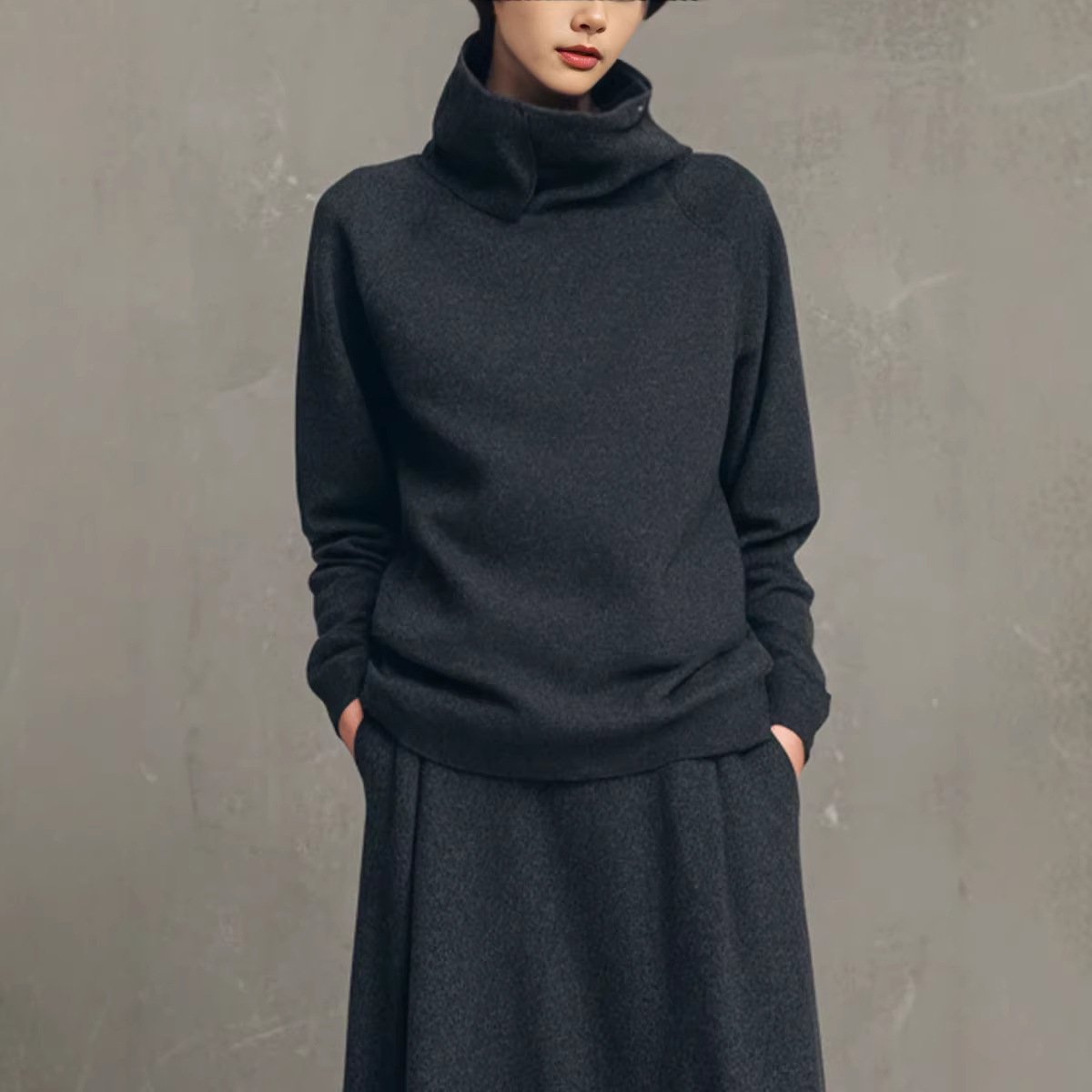 Minimalist Solid High-Neck Sweatshirt and Long Skirt Two-Piece Set