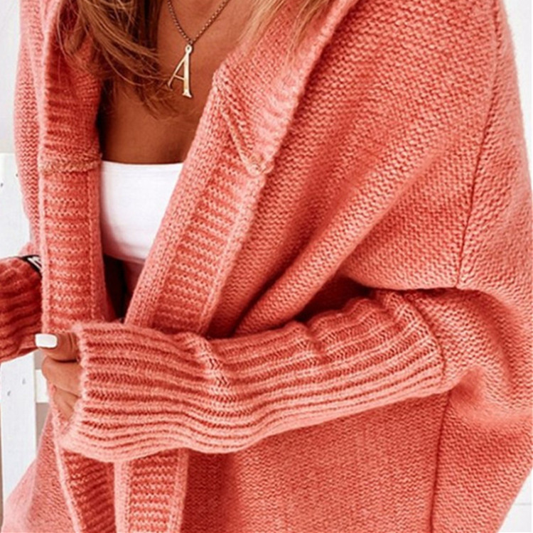Hooded Knit Cardigan with Batwing Sleeves and Back Panel