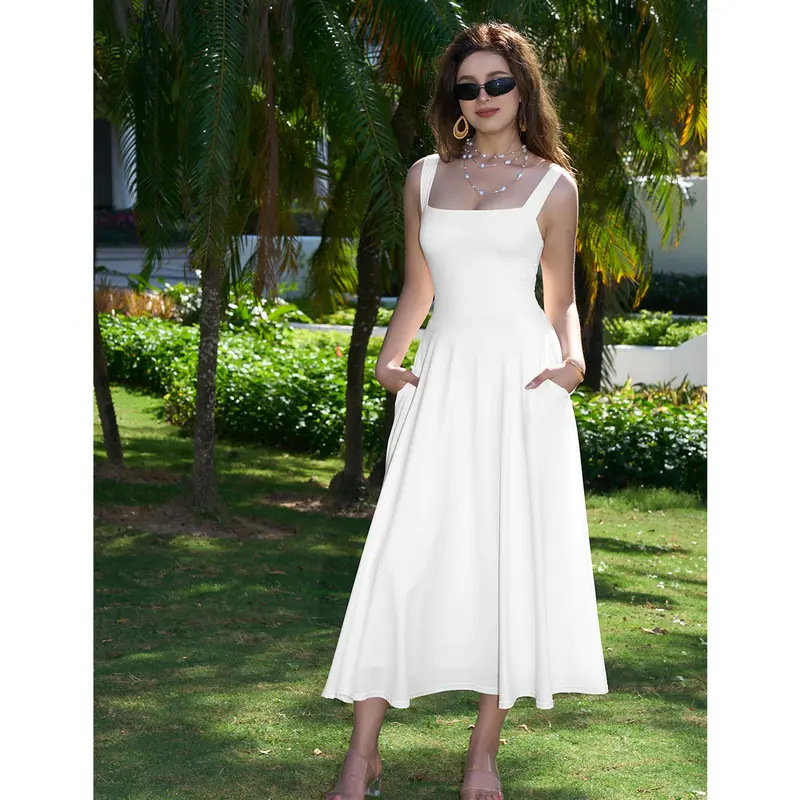 Women's Wide Strap Square Neck A-Line Midi Dress with Adjustable Waist