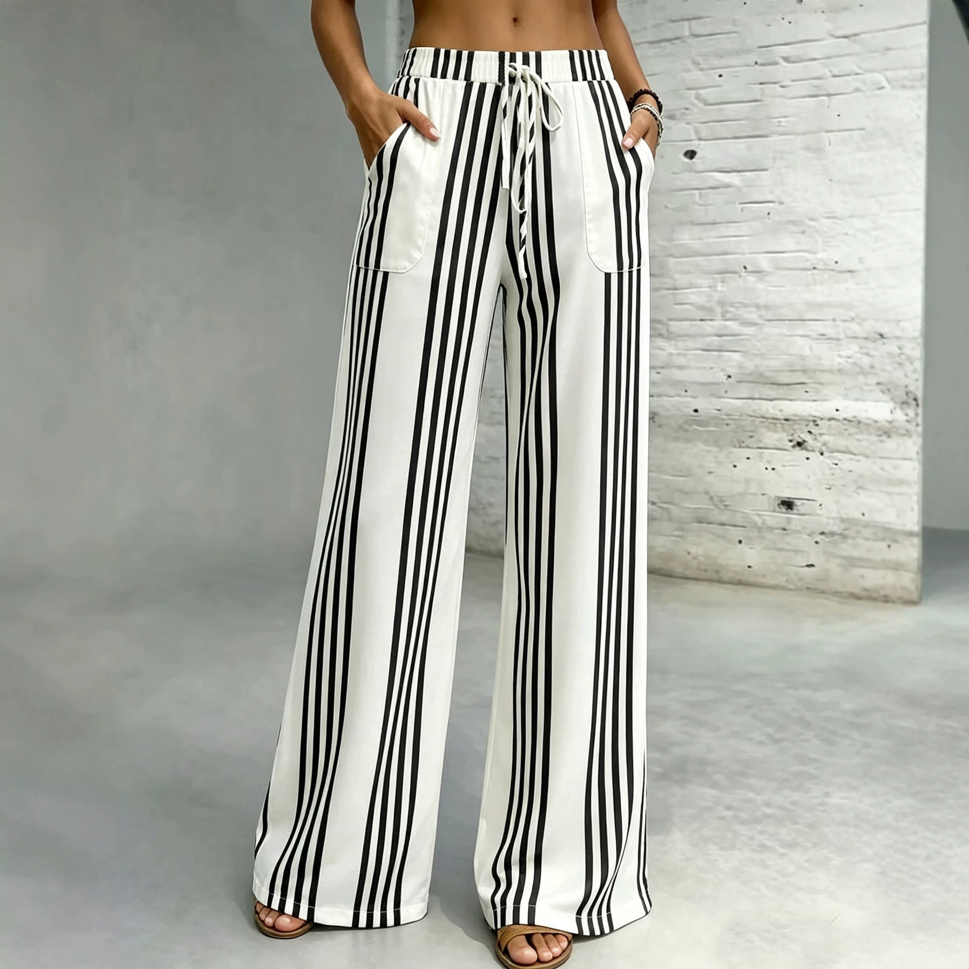 Striped High-Waist Tie-Waist Wide-Leg Pants with Pockets