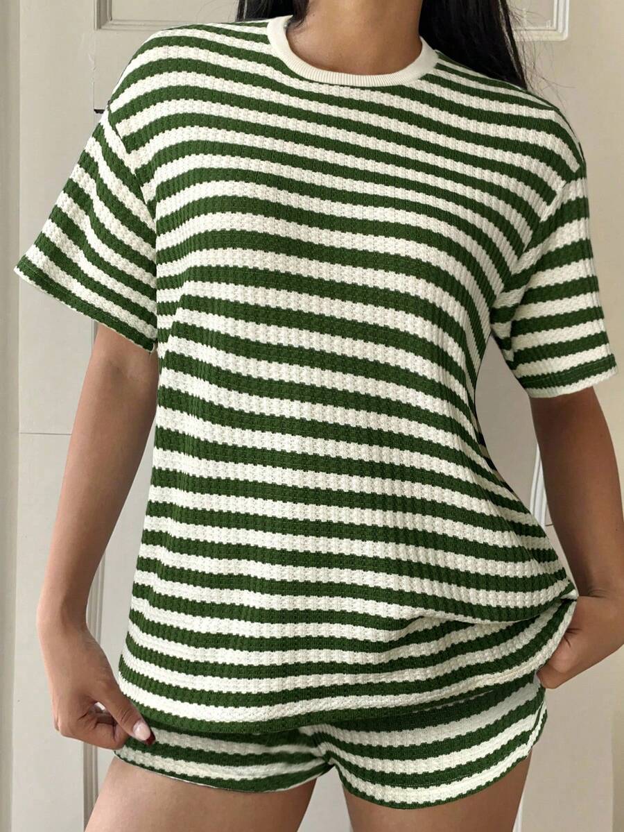 Striped Short Sleeve T-Shirt Set Women Casual Loose Crew Neck