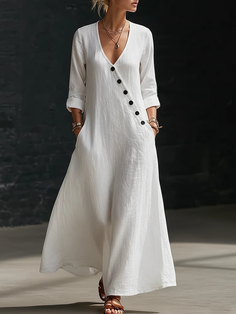 Asymmetric Button V-Neck Midi Dress with Rolled Cuffs and Side Pockets