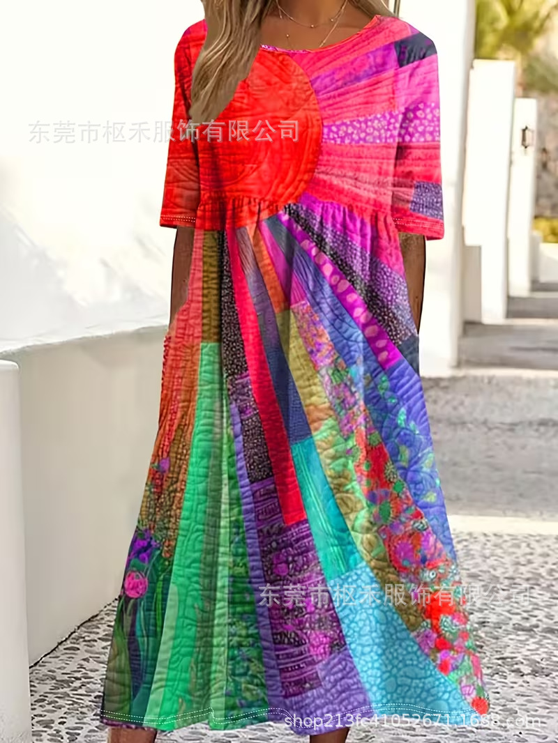 Women's Colorful Floral Print Ruched Midi Dress
