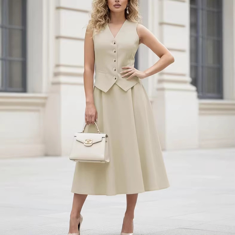 Women's V-Neck Single-Breasted Vest and Long Skirt Two-Piece Set