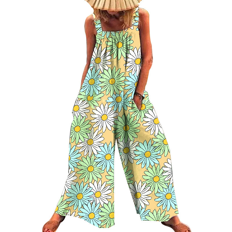 Plus Size Floral Print Loose Wide-Leg Jumpsuit with Straps
