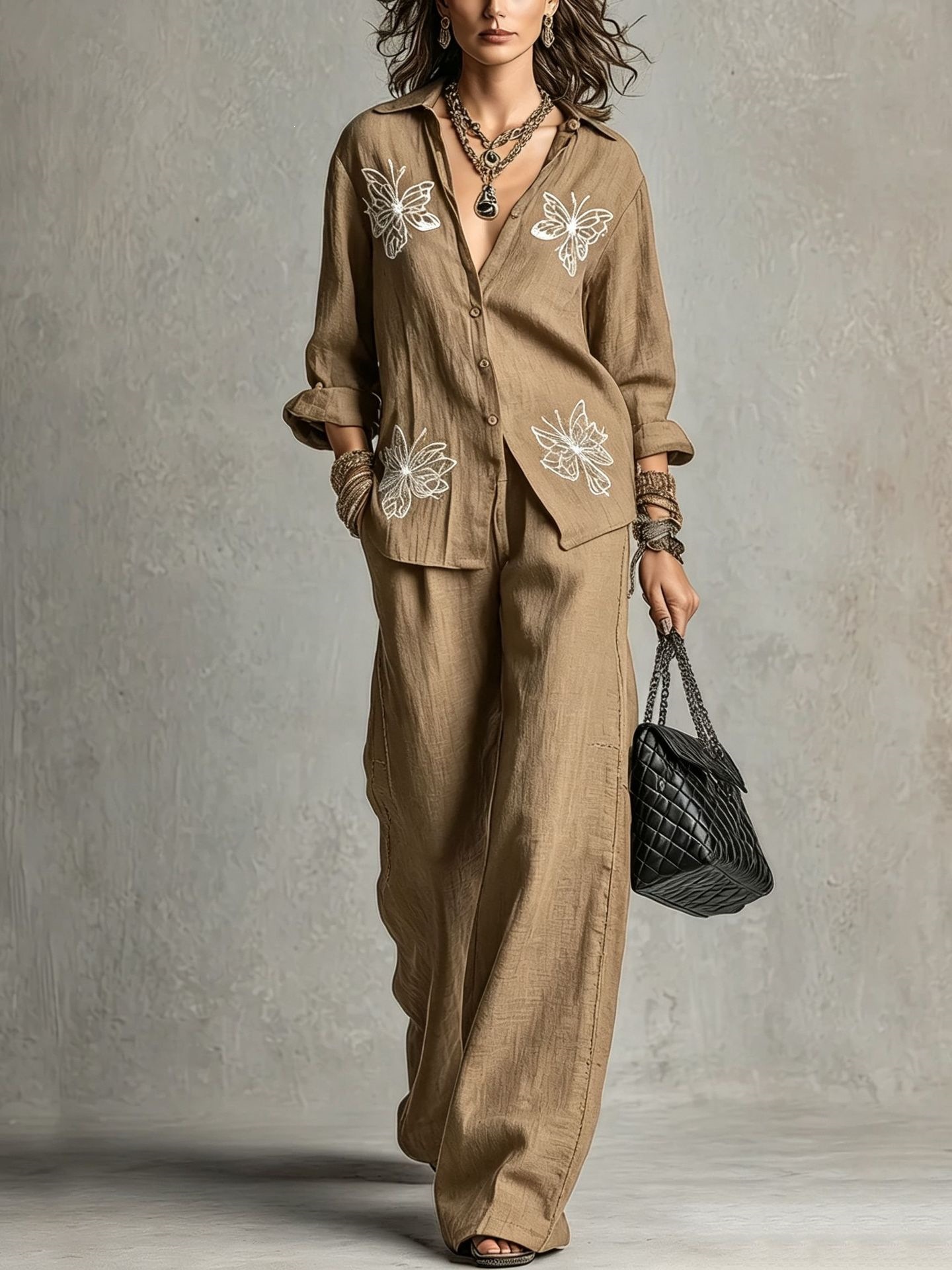Women's Butterfly Embroidered Shirt & Wide-Leg Pants Two-Piece Set