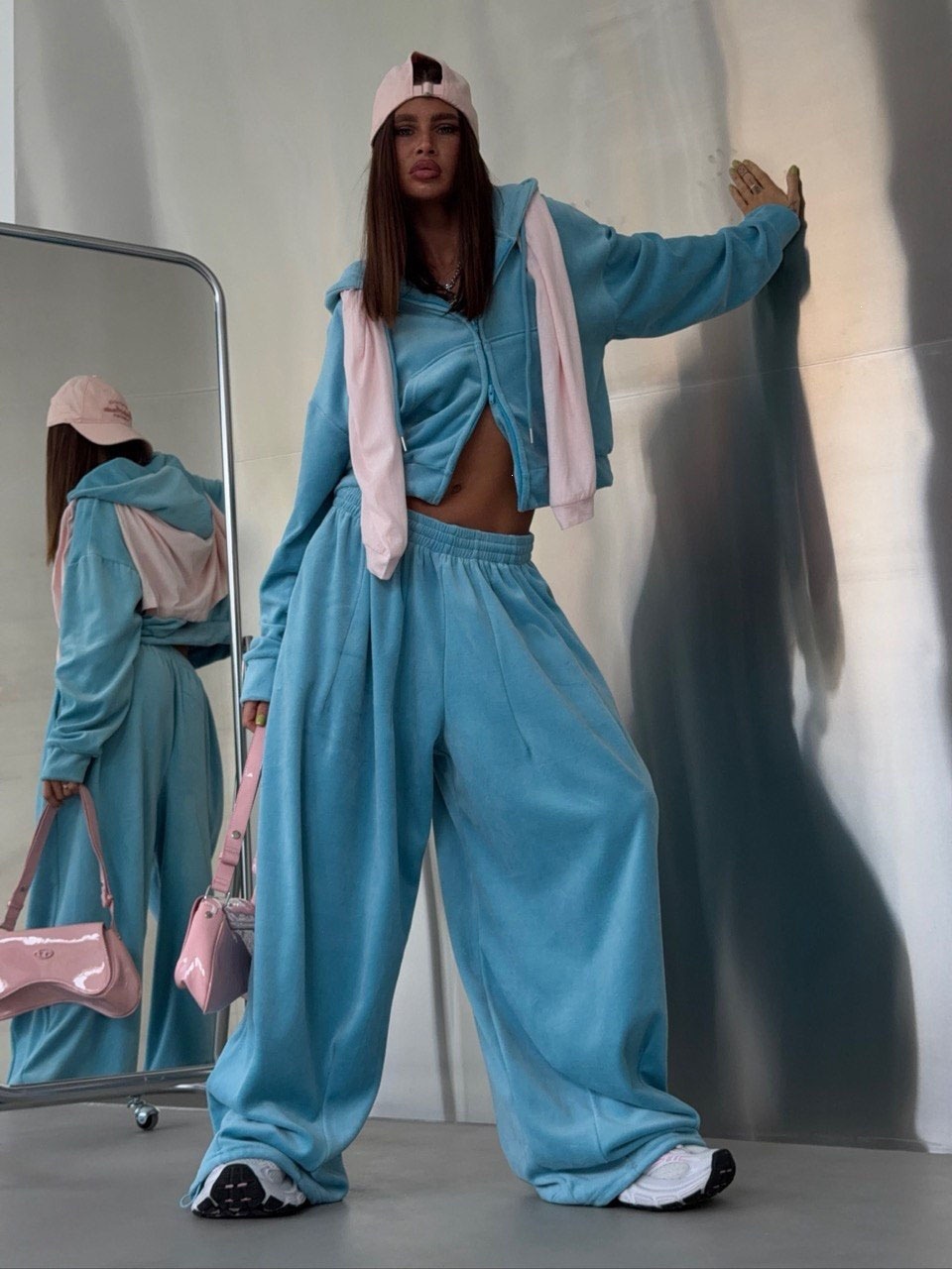 Solid Color Cropped Hooded Cardigan and Wide-Leg Pants Two-Piece Set