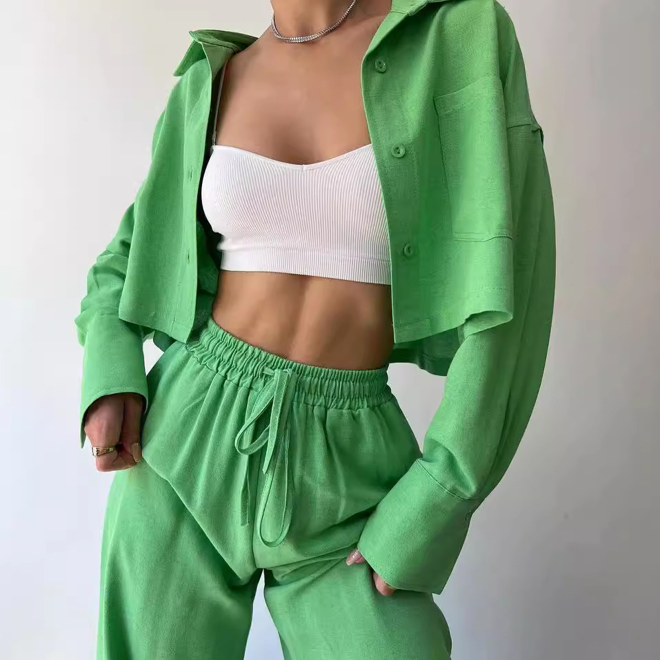 Solid Color Long Sleeve Cropped Shirt and Drawstring Pants Set