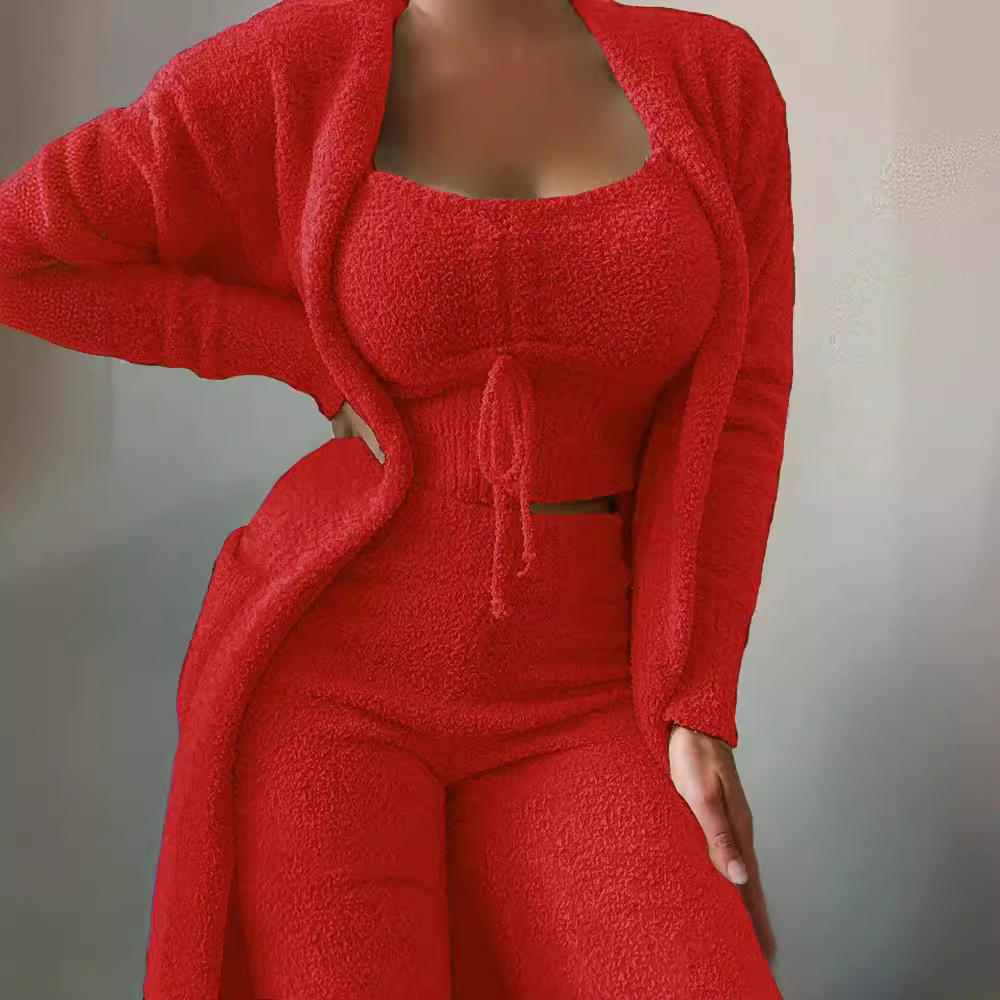 Women's Plush 3-Piece Tie Lounge Set with Pockets