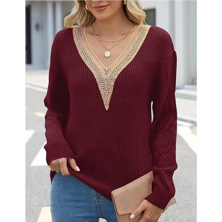 V-Neck Loose Knit Sweater for Women Casual Pullover