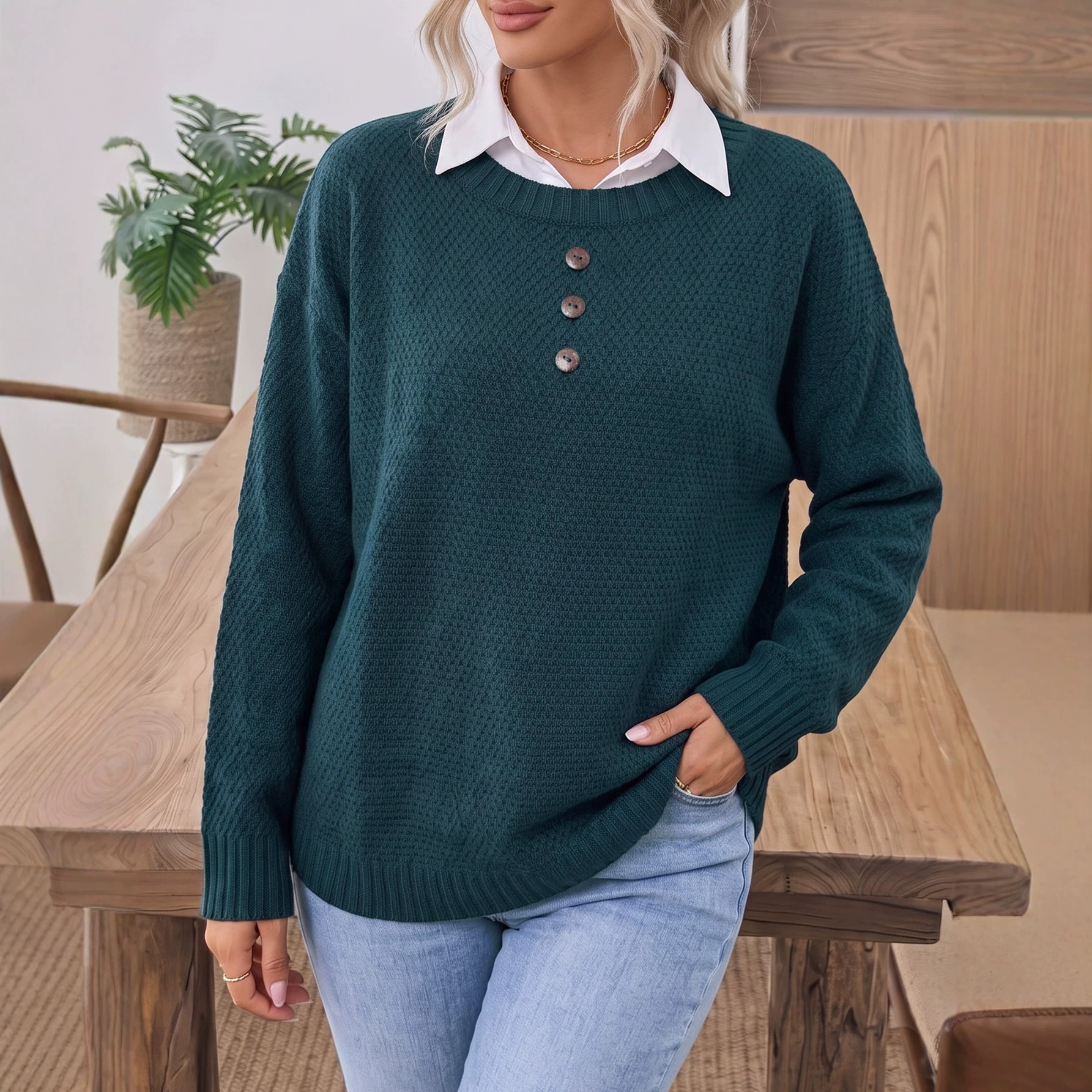 Women's Coconut Button Knit Sweater Retro Loose Crewneck Pullover