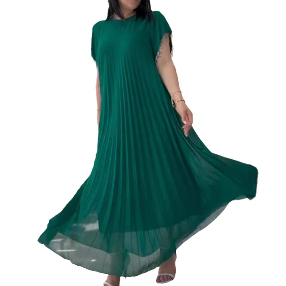 Women's Solid Color Round Neck Short Sleeve Pleated Dress