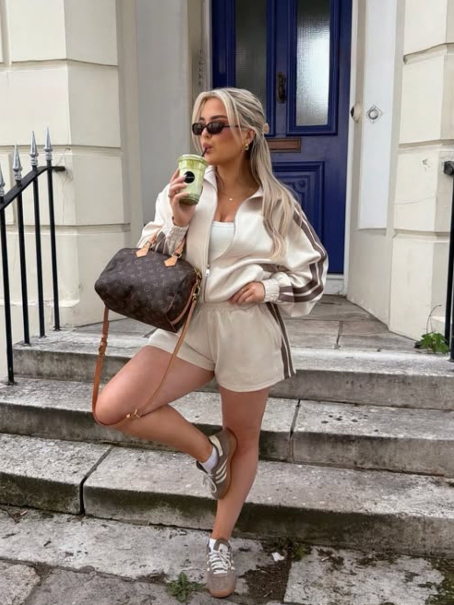 Side-Stripe Track Shorts Set with Zip-Up Loose Jacket and High-Waist Shorts