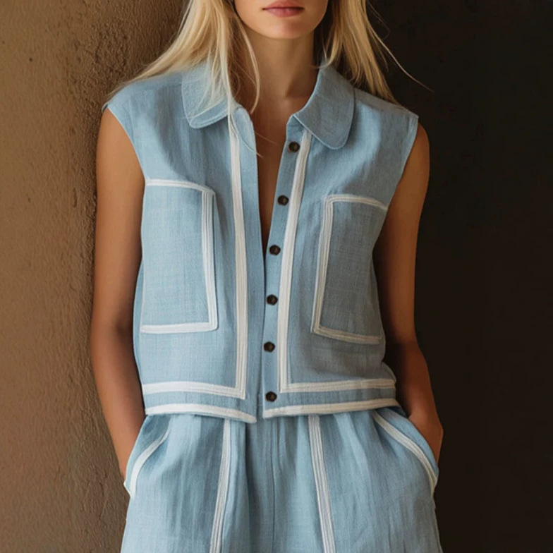 Vintage Cotton-Linen Shirt and Shorts Set