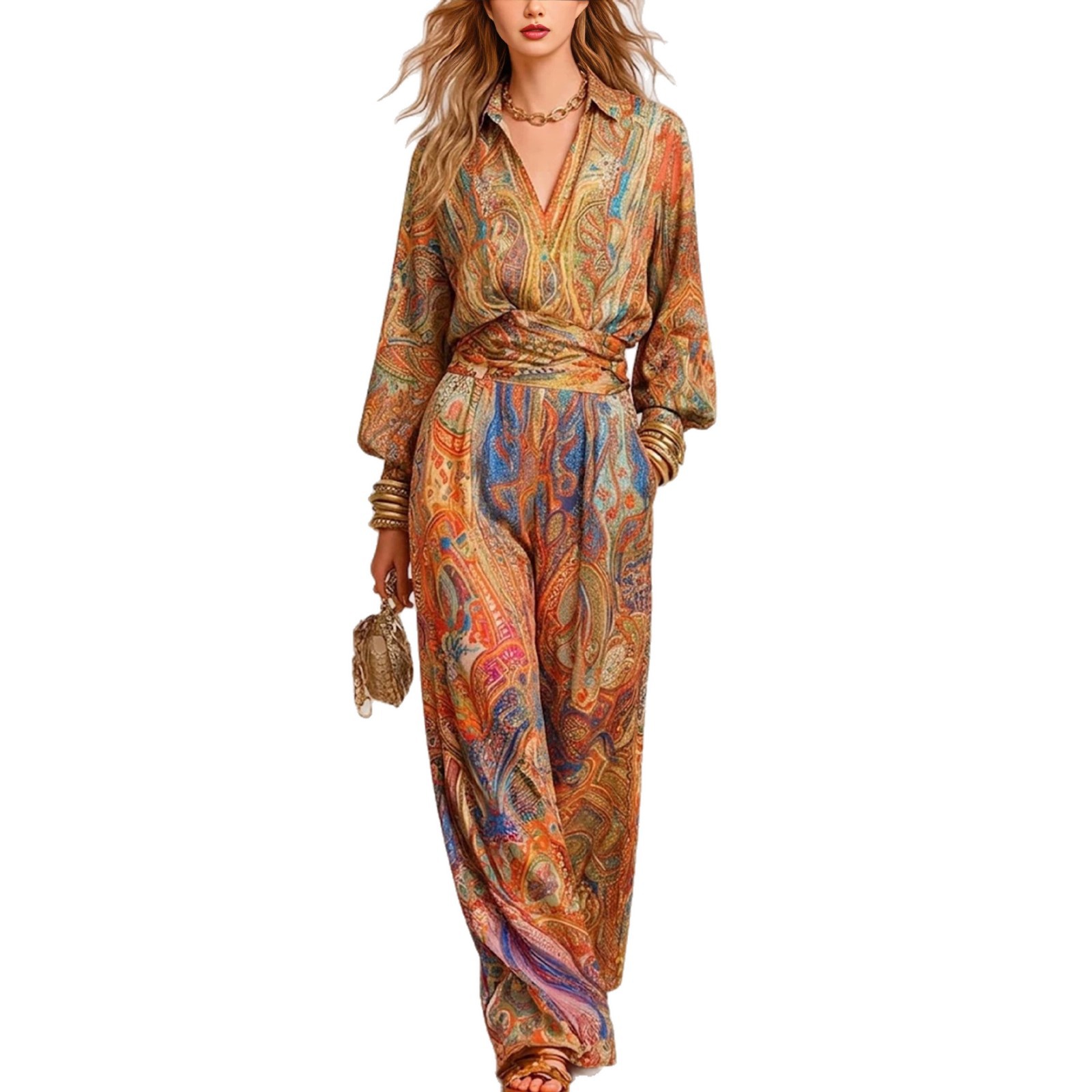 Bohemian Floral Print Two-Piece Pant Set with Lantern Sleeve Shirt