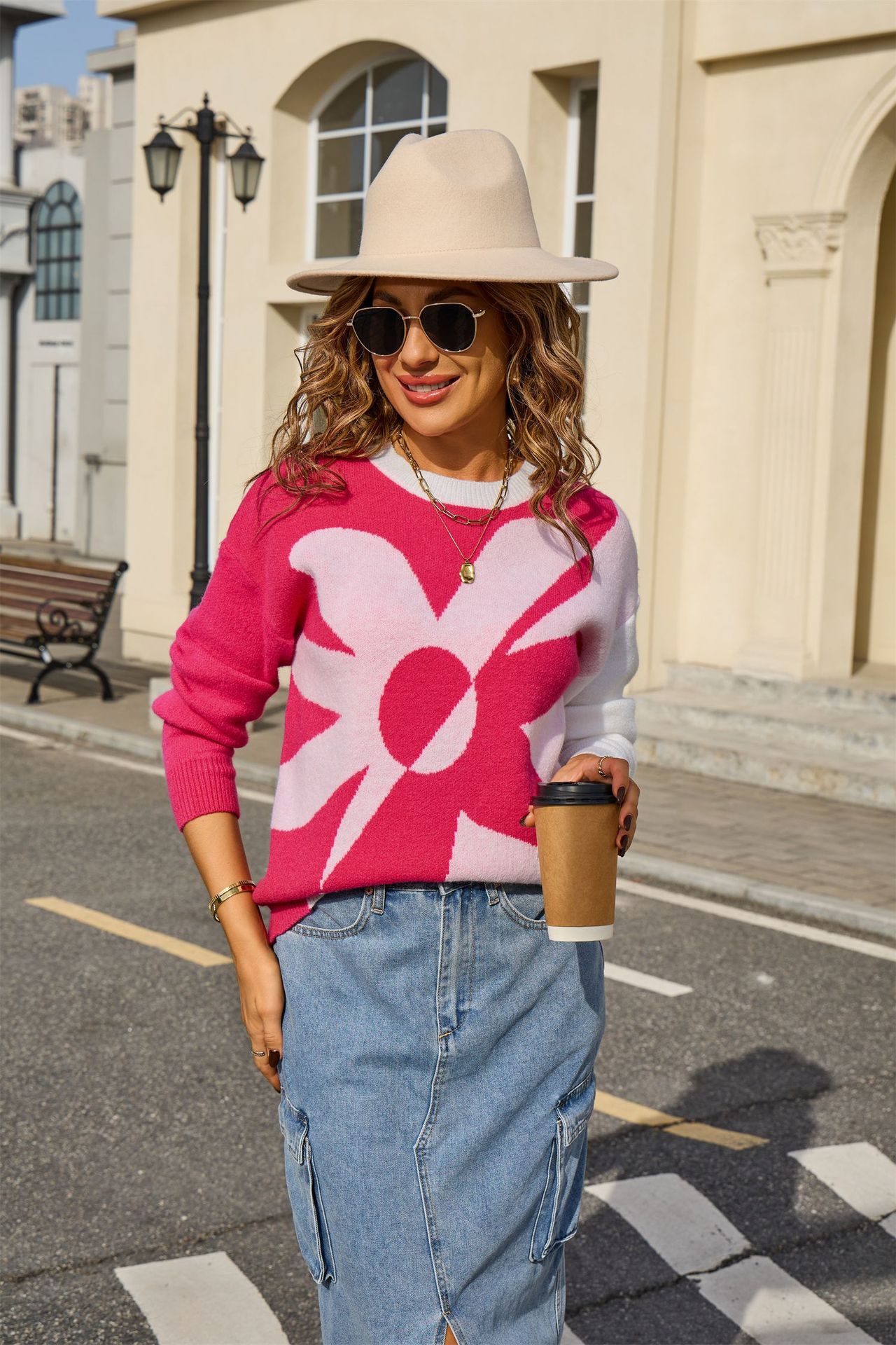 Plus Size Floral Colorblock Knit Pullover Sweater Long Sleeve Crew Neck
