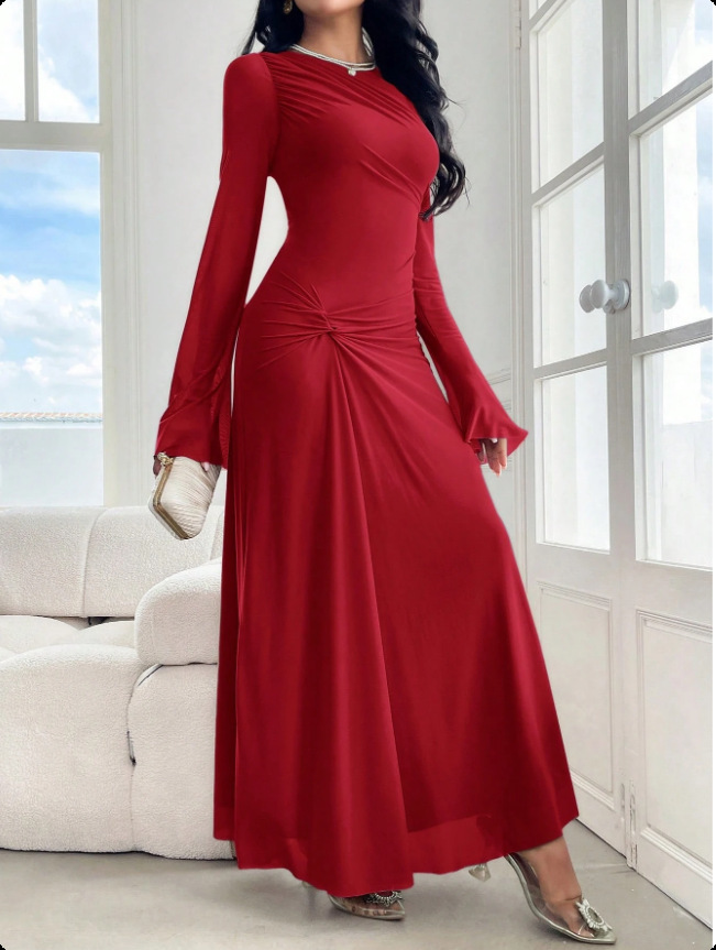 Flare Sleeve Bodycon Midi Dress with Crinkle Texture