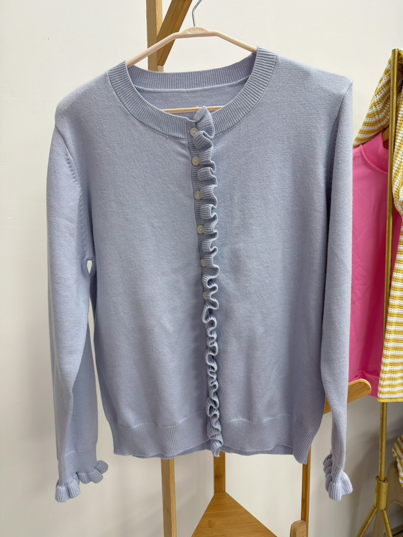 Women's Round Neck Long Sleeve Knit Cardigan with Ruffle Trim Solid Color Sweater Coat