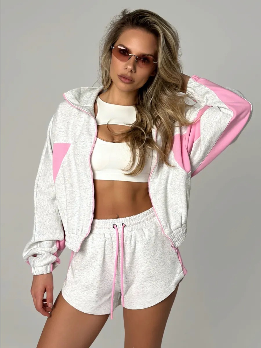 Color-Block Long-Sleeve Zip Cardigan & Tie Shorts 2-Piece Set