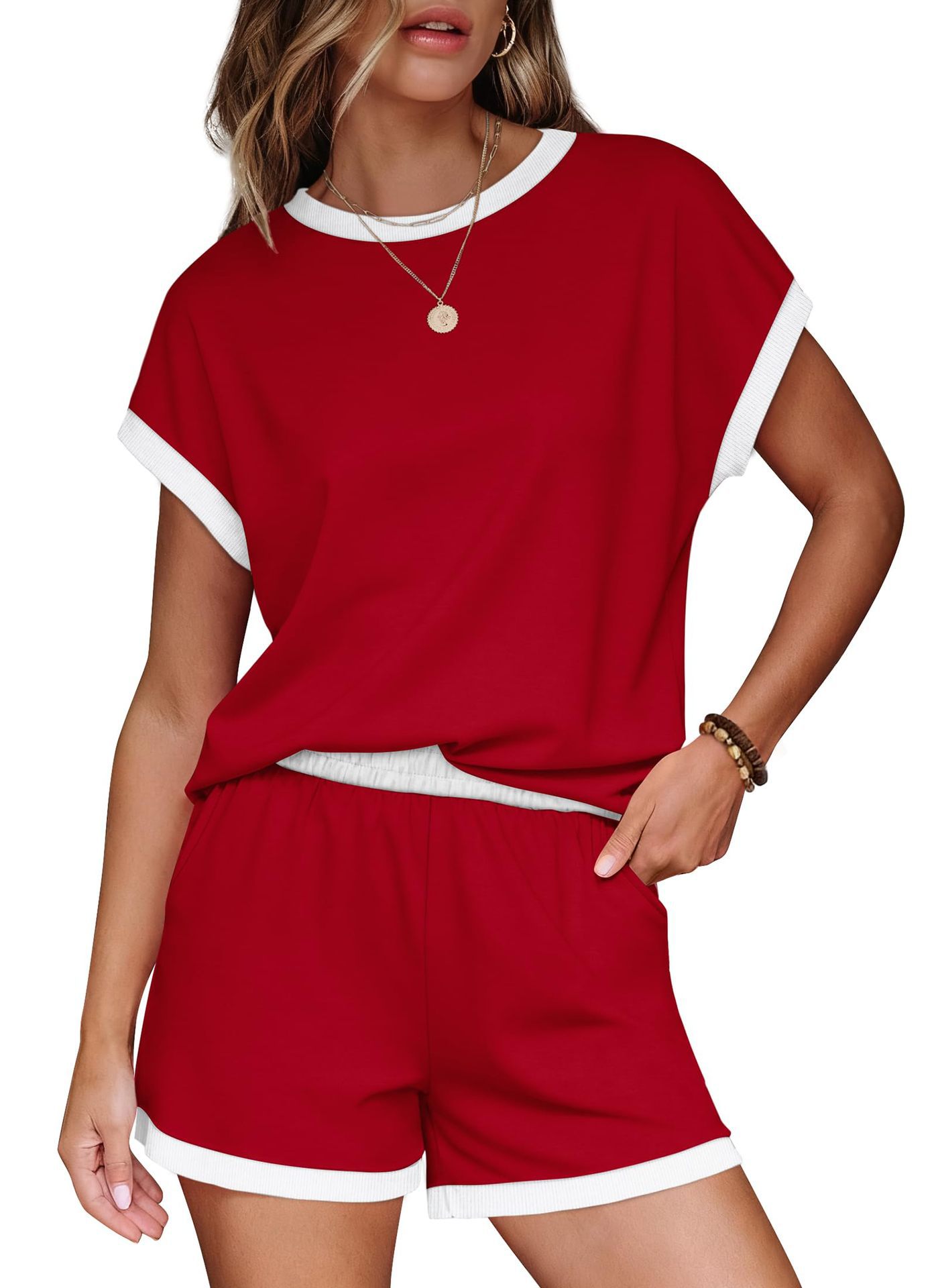 Women's Color-Block Striped Short-Sleeve Tee & Shorts Two-Piece Set