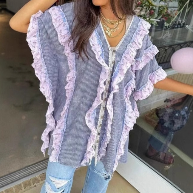 V-Neck Short Sleeve Digital Print Patchwork Dress Shirt