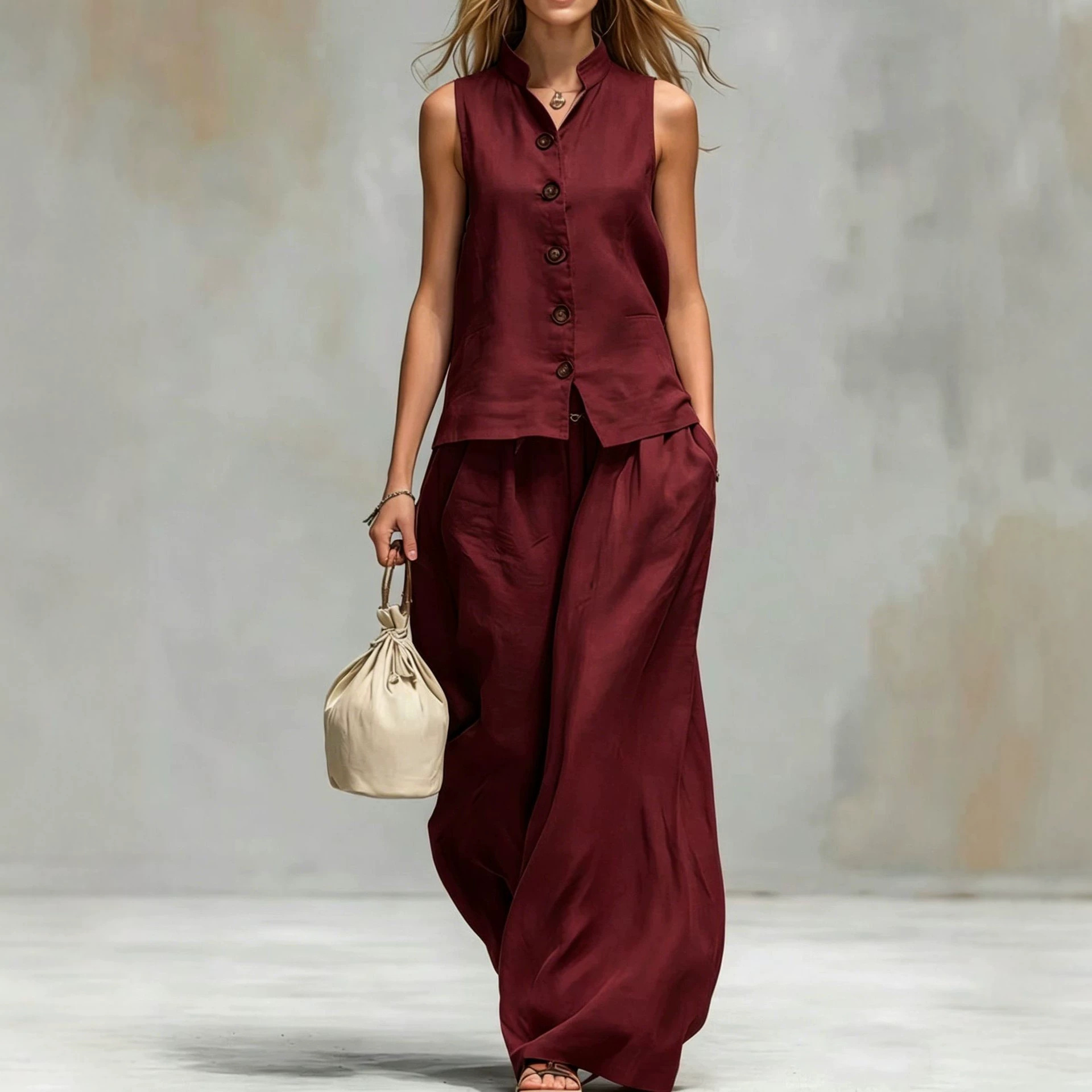Women's V-Neck Tank Top and Pants Set Casual Cotton Linen Solid Color