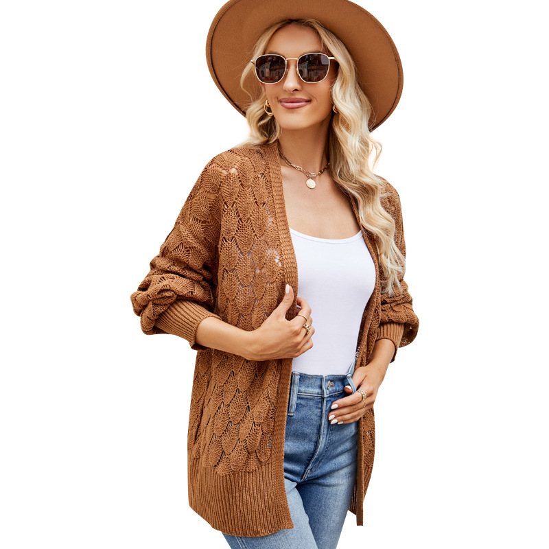 Women's V-Neck Openwork Long Sleeve Knit Cardigan Loose Fit