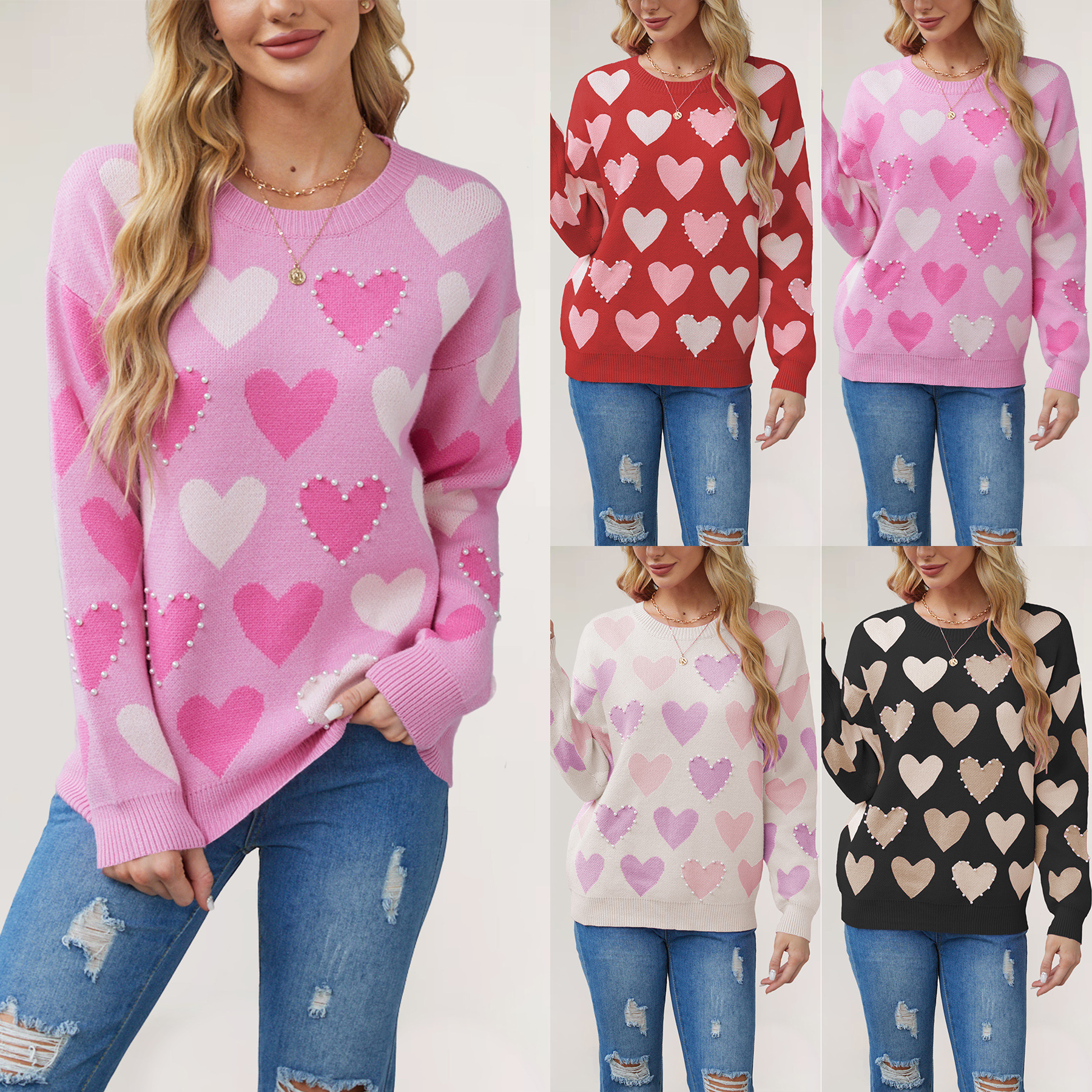 Heart Beaded Crewneck Knit Sweater