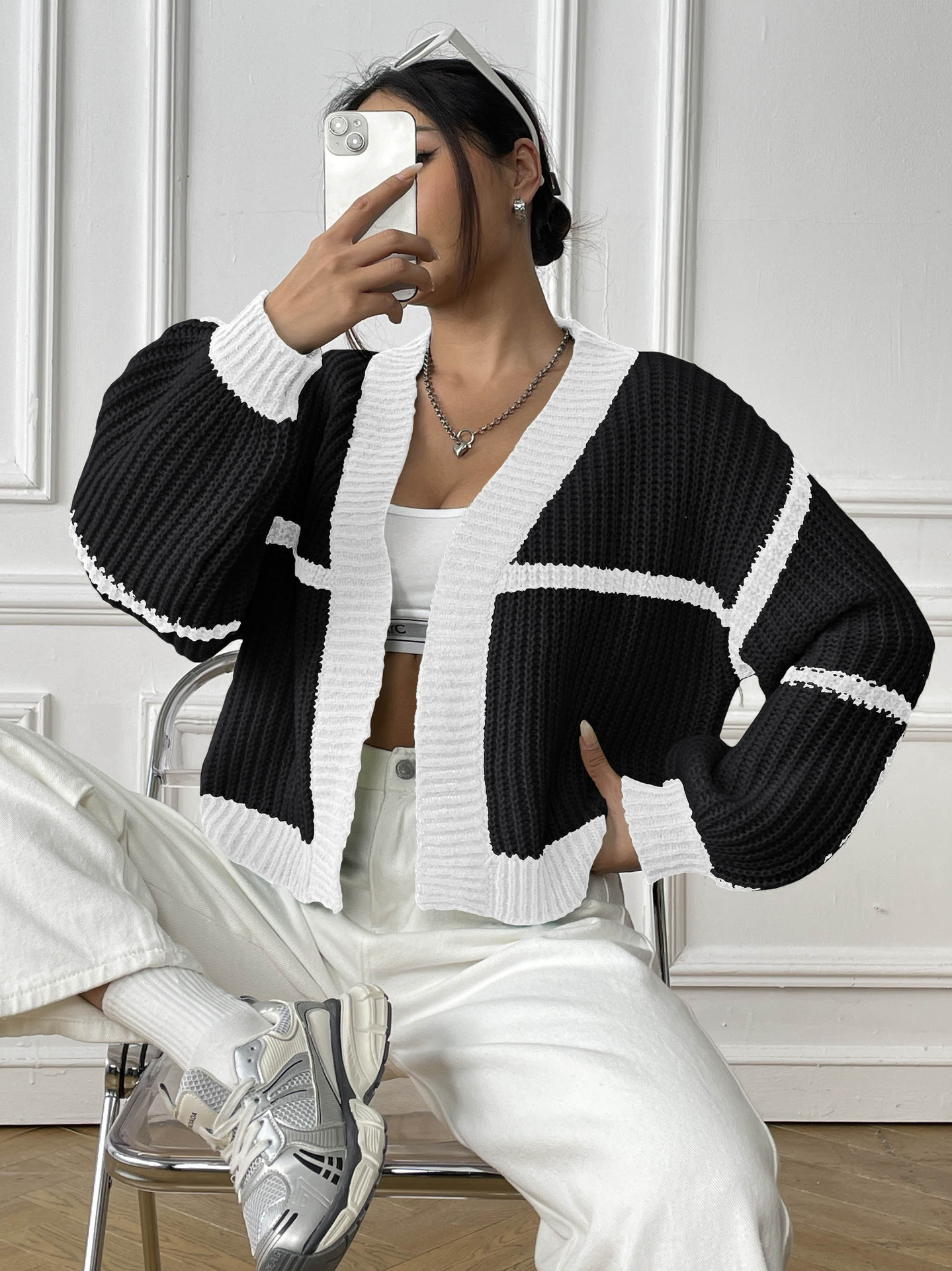 Women's Color-Block Knit Cardigan Loose Fit V-Neck Lantern Sleeve
