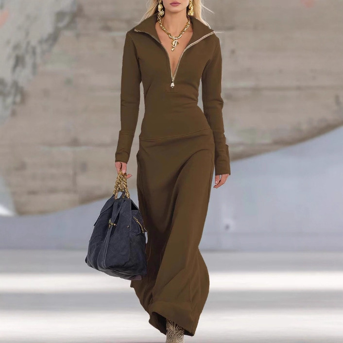 Elegant Vintage V-Neck Front Zip Long Sleeve Pink Maxi Dress