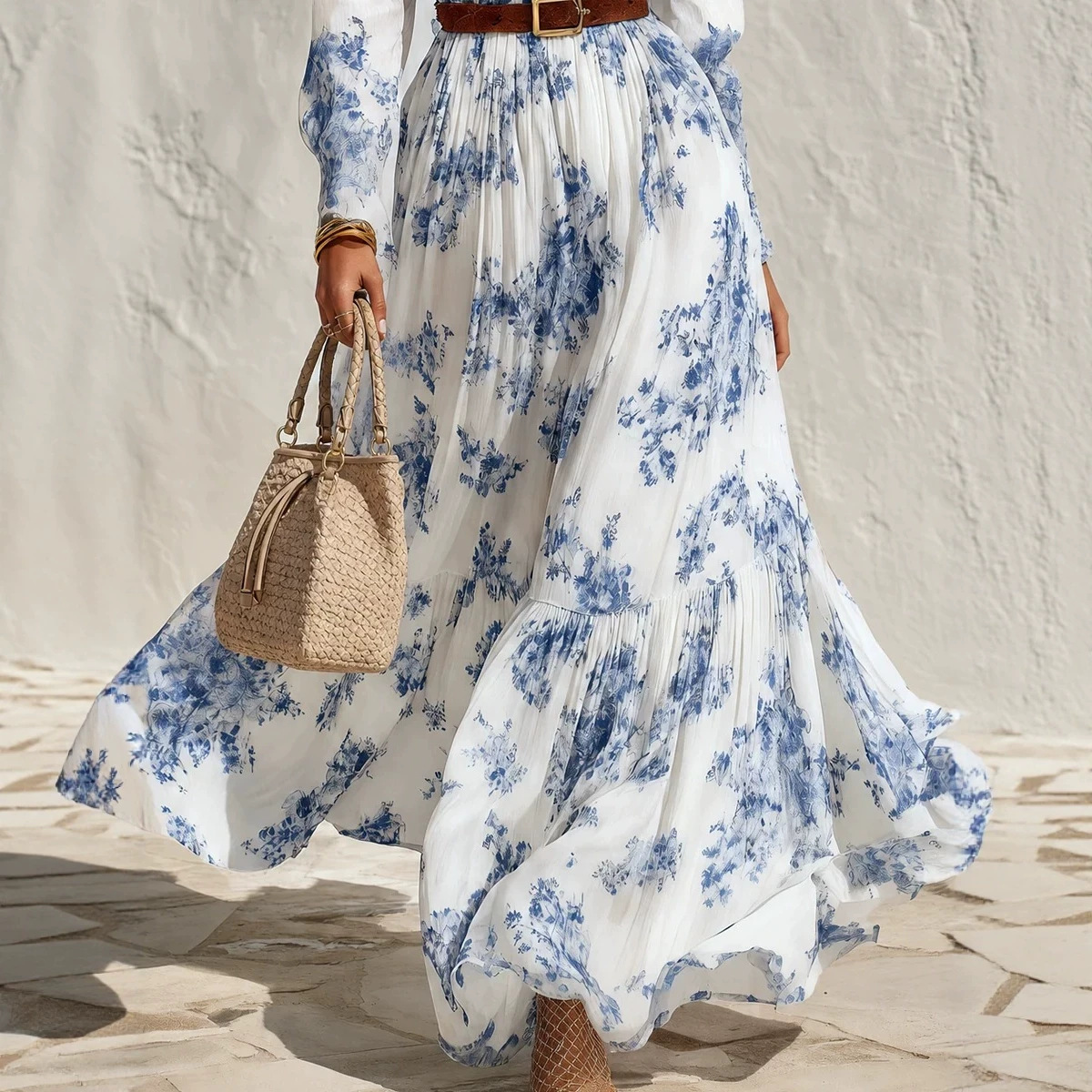 Blue and White Porcelain Print Chiffon Maxi Dress with Ruffle Trim, Stand Collar, Long Sleeves, and Belt