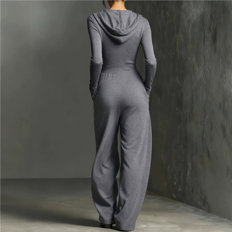 Women's Hooded Zip Wide-Leg Jumpsuit Long Sleeve Slim Fit Stretchy