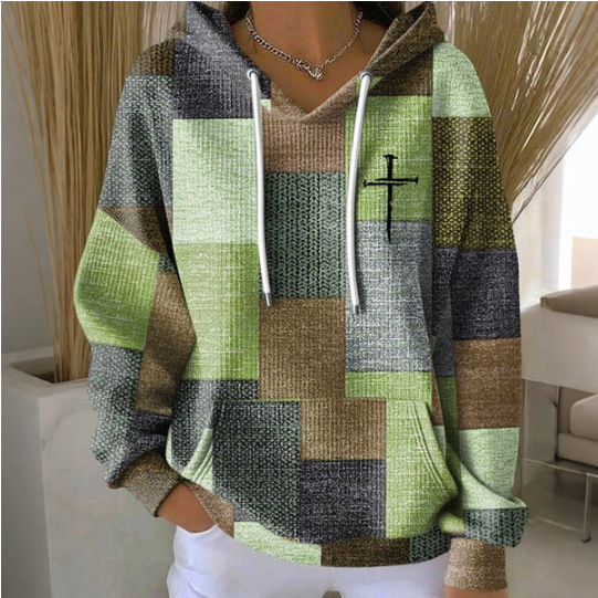 Women's Plaid 3D Digital Print Hoodie Casual Sweatshirt