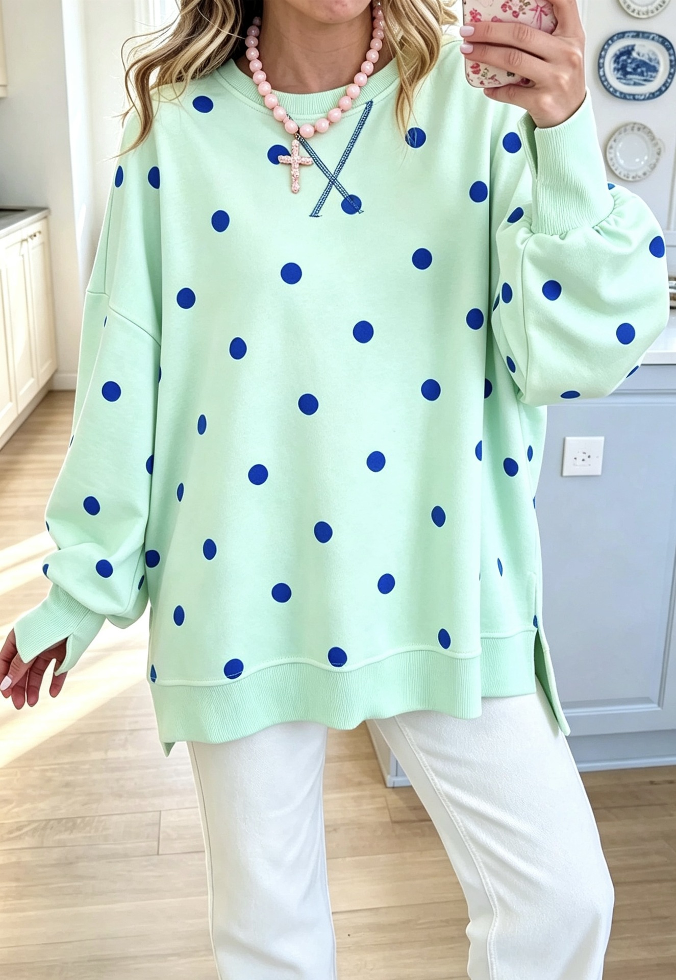Polka Dot Print Long Sleeve Pullover Sweatshirt Loose Casual Shirt