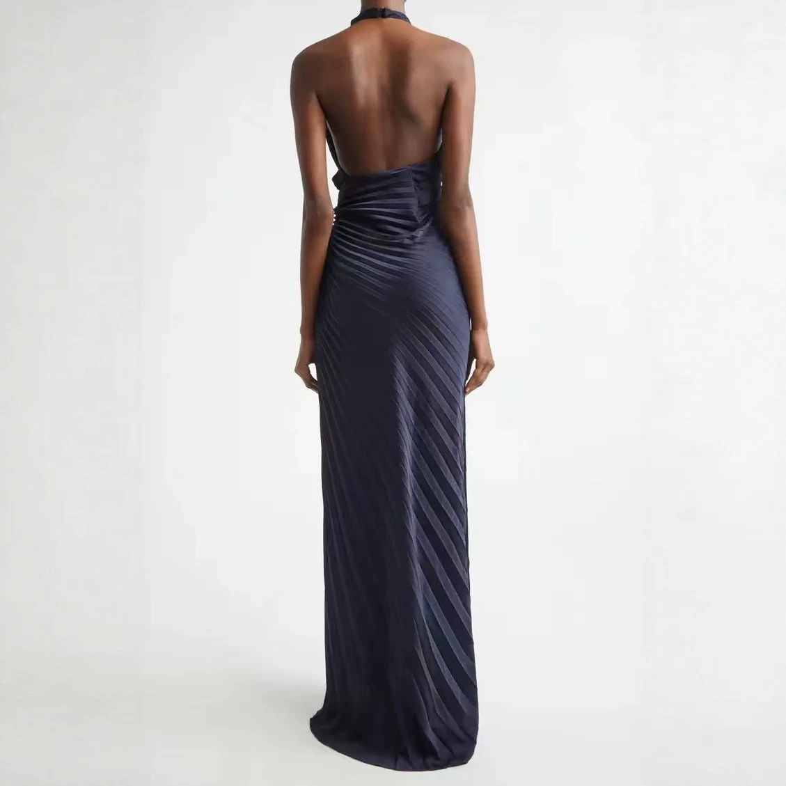 Navy Blue High-Neck Halter Pleated Long Dress with Twist-Front Waist