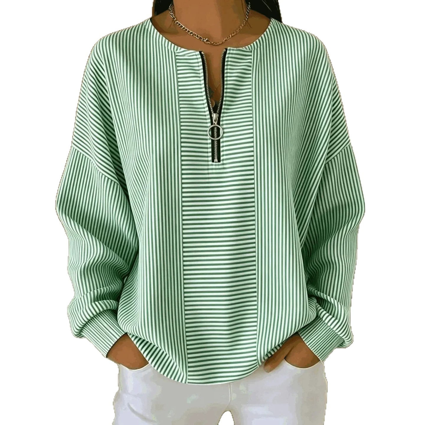 Striped Print Half-Zip Hoodie for Women Casual Long Sleeve